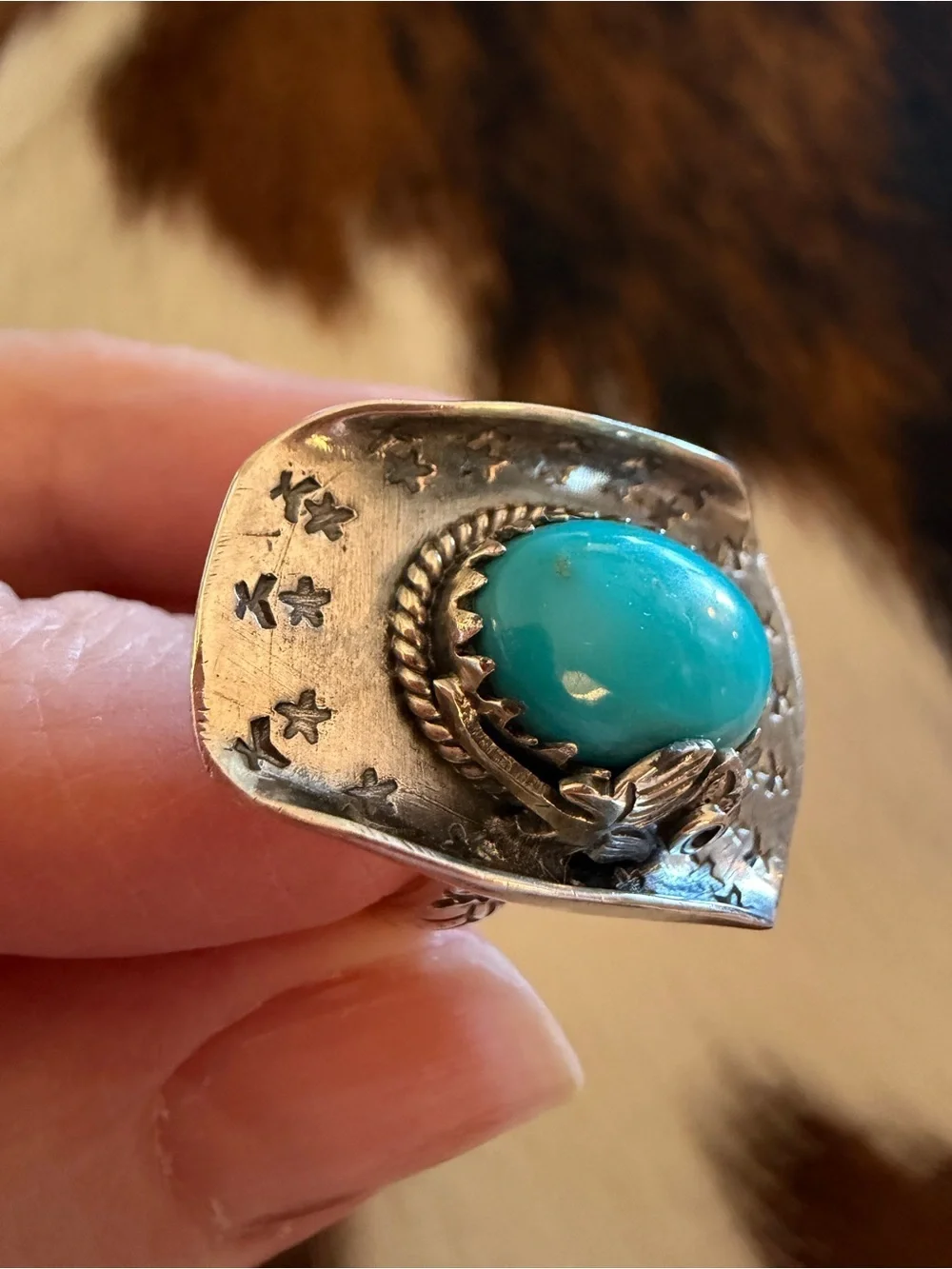 ❤️ Kingman Turquoise Cowgirl Cowboy Hat Hand Stamped Sterling 925 Ring Sz 6.25